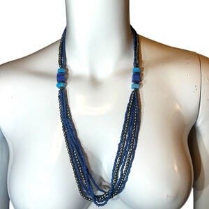 Vintage Multi-Strand Blue Glass Bead Necklace, Artisan Hand-Strung Layered